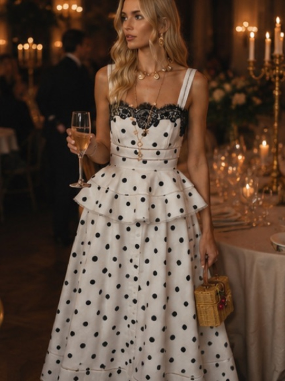 Self-Portrait White Polka Dot Midi Dress with Black Lace Trim - Picture 5 of 13
